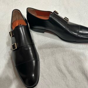 Santoni Black Double Monk Strap Leather Dress Shoes - Men